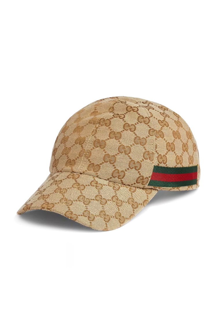 כובע גוצ'י GUCCI בז' GG baseball hat with Web גברים כובע בייסבול מונוגרמה פסים רצועת עור