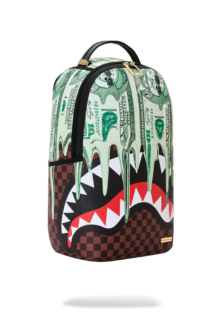 תיק גב ספרייגראונד SPRAYGROUND שחור חום Money Drippin Dollars תבליט כריש דולרים נוזלים משבצות למחשב
