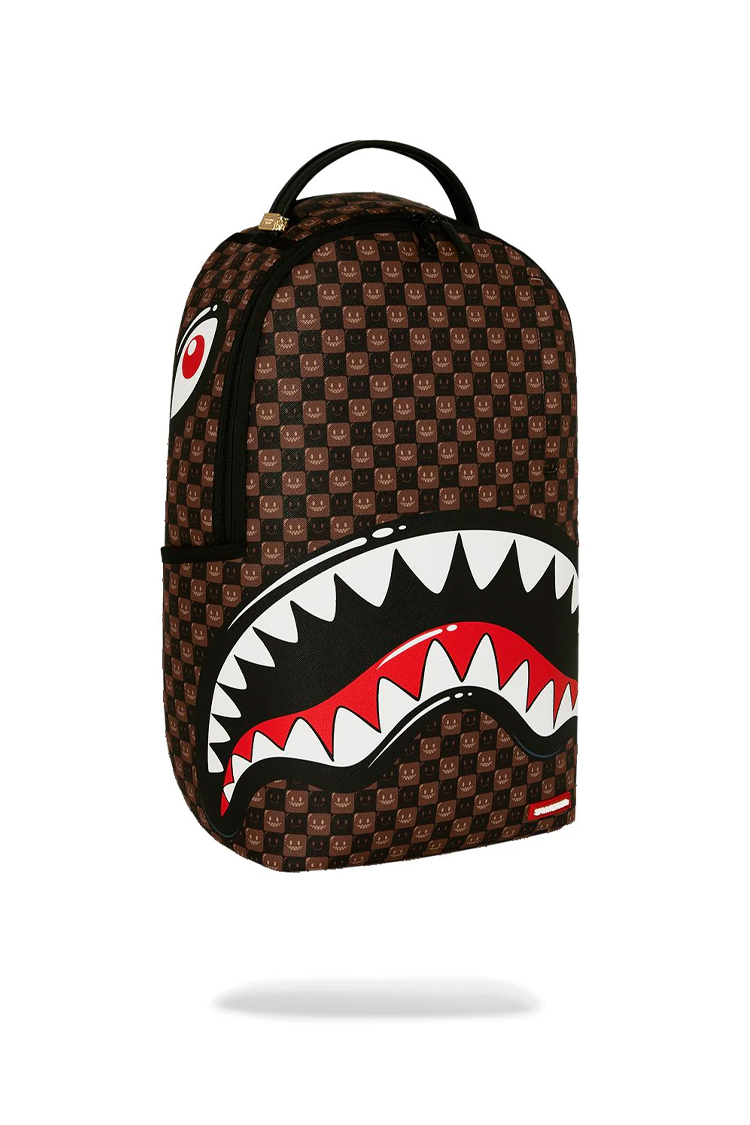 תיק גב ספרייגראונד SPRAYGROUND שחור חום Sharks In Paris WTF Bubble תבליט כריש סמיילי למחשב
