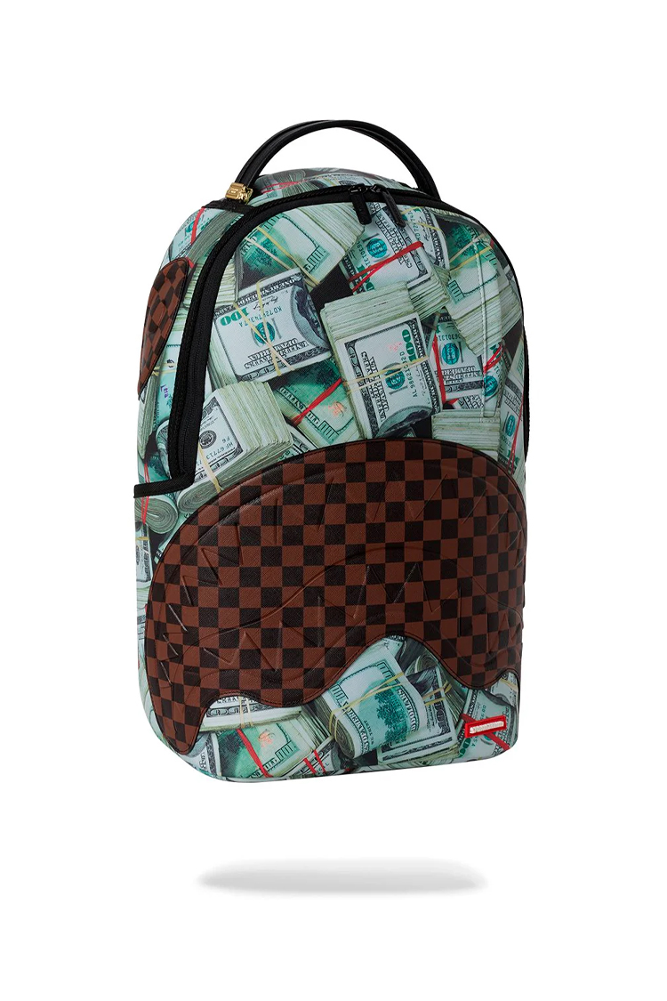 תיק גב ספרייגראונד SPRAYGROUND שחור חום Money Banks תבליט כריש דולרים משבצות למחשב