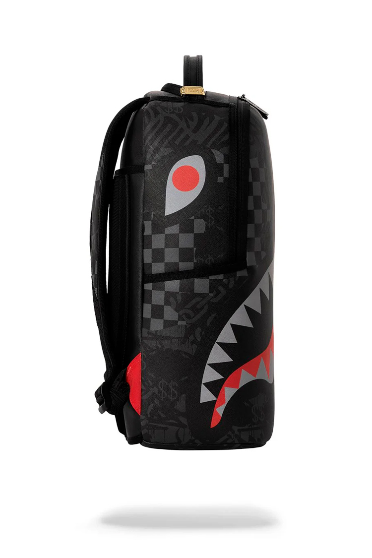 תיק גב ספרייגראונד SPRAYGROUND שחור אדום 4AM Red Shark תבליט כריש שלשלאות למחשב