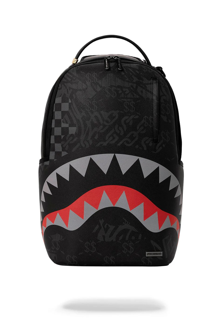 תיק גב ספרייגראונד SPRAYGROUND שחור אדום 4AM Red Shark תבליט כריש שלשלאות למחשב