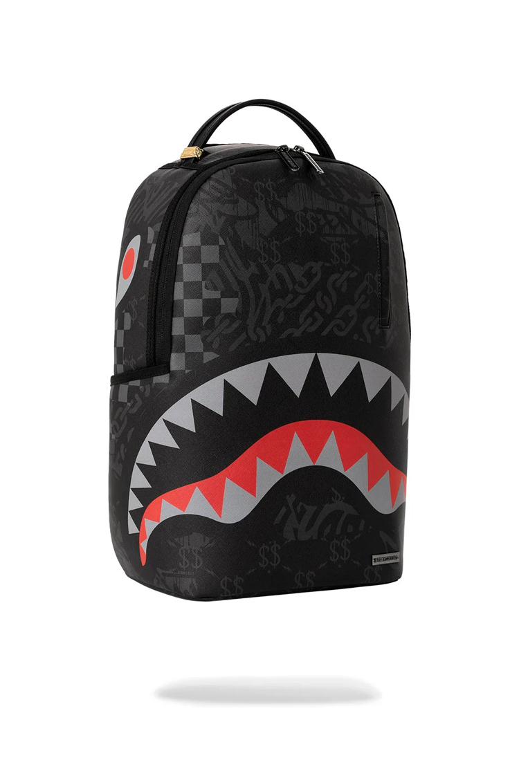 תיק גב ספרייגראונד SPRAYGROUND שחור אדום 4AM Red Shark תבליט כריש שלשלאות למחשב