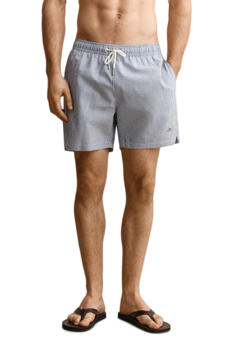 מכנס בגד ים גאנט GANT כחול לבן Striped Seersucker גברים פסים כותנה פוליאסטר כיסים לוגו