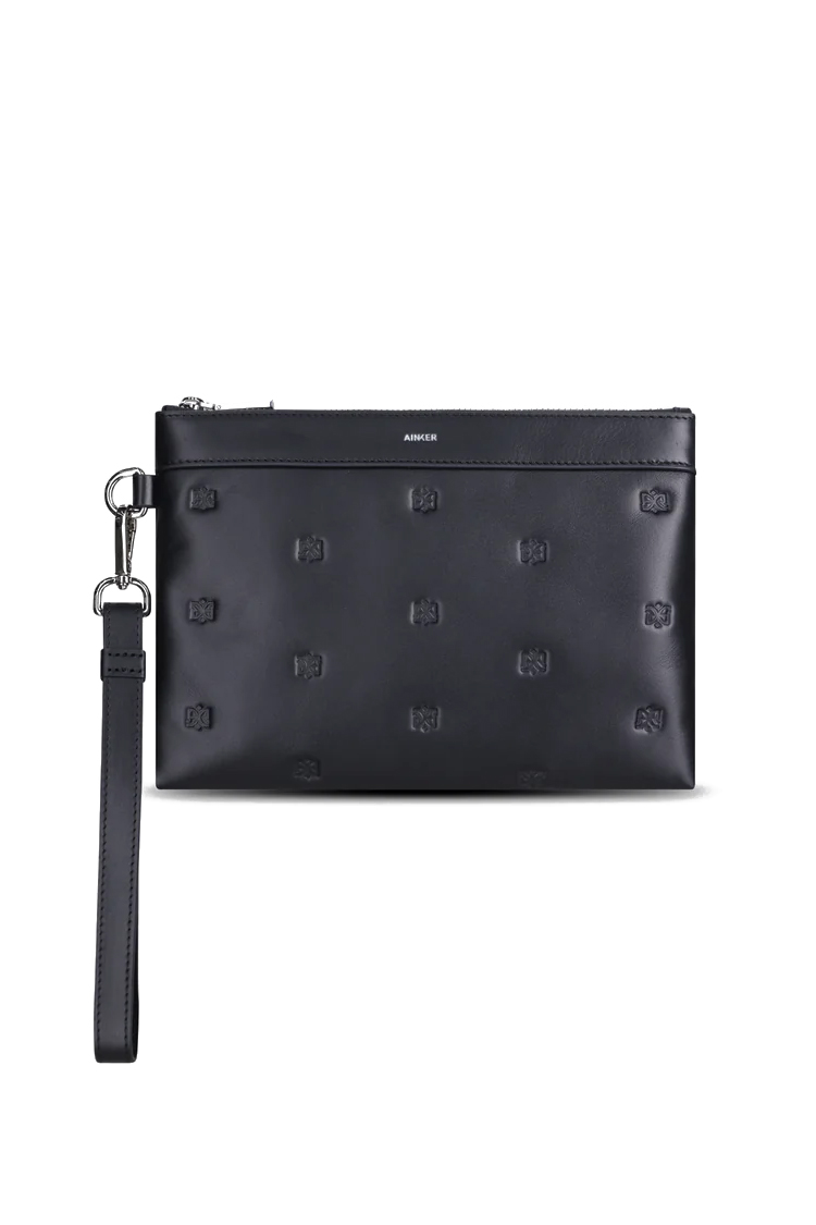 תיק קלאץ AINKER אינקר שחור גברים תיק יד 815 Clutch Leather עור חצי מבריק רוכסן כרטיסים הטבעת לוגו
