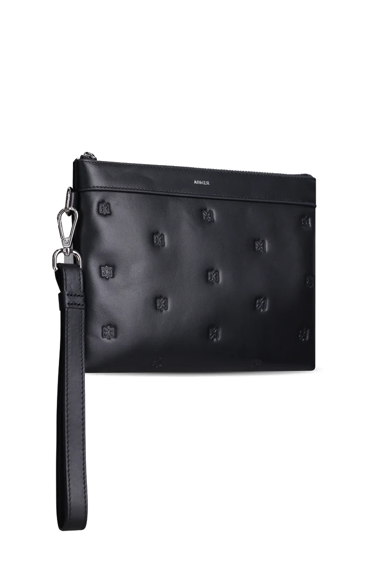 תיק קלאץ AINKER אינקר שחור גברים תיק יד 815 Clutch Leather עור חצי מבריק רוכסן כרטיסים הטבעת לוגו