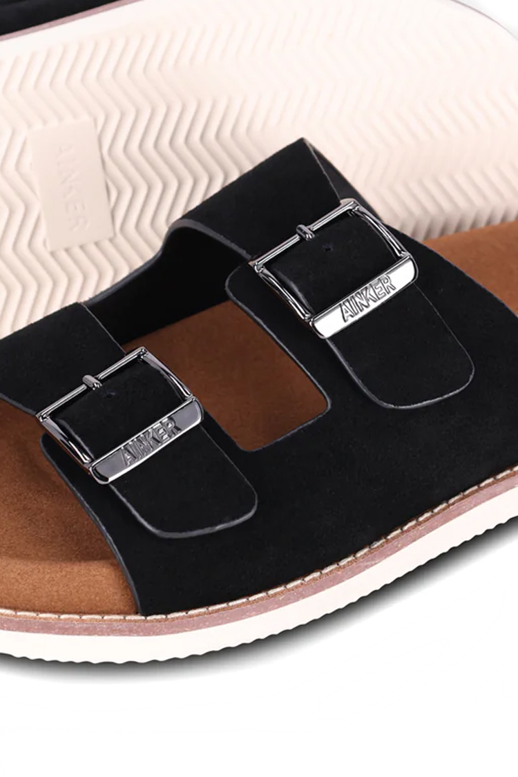 כפכפי זמש AINKER אינקר שחור גברים כפכפים Ascot Black Suede מדרס שעם אבזמי מתכת