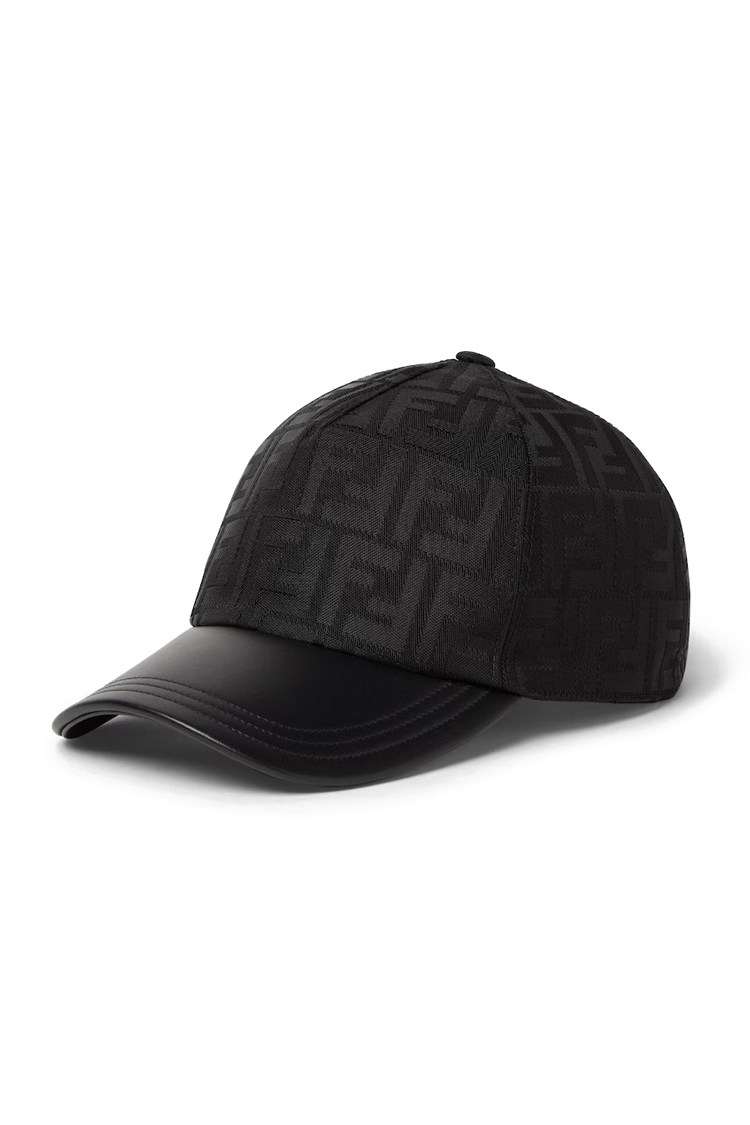 כובע פנדי FENDI שחור גברים כובע בייסבול ניילון מצחיית עור מונוגרמה FF רקמה כותנה רצועה