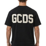 חולצה GCDS ג’י סי די אס שחורה גברים טי שירט גזרה נינוחה לוגו חזה גב חצי מבריק גמישה