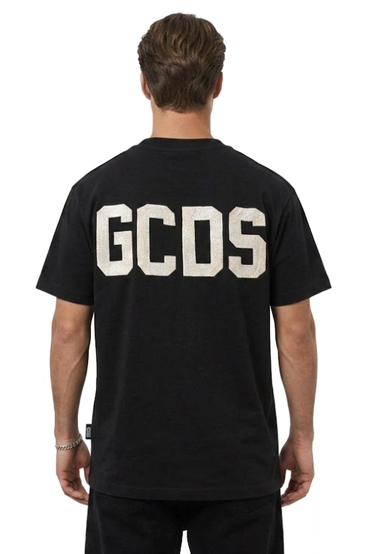 חולצה GCDS ג’י סי די אס שחורה גברים טי שירט גזרה נינוחה לוגו חזה גב חצי מבריק גמישה