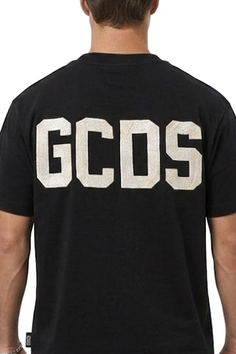 חולצה GCDS ג’י סי די אס שחורה גברים טי שירט גזרה נינוחה לוגו חזה גב חצי מבריק גמישה