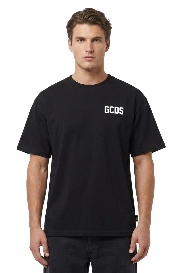 חולצה GCDS ג'י סי די אס שחורה גברים טי שירט גזרה נינוחה לוגו חזה גב חצי מבריק גמישה