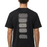 חולצה GCDS ג’י סי די אס שחורה גברים טי שירט גזרה נינוחה רקמה חזה הדפס לוגו גב דהוי חצי מבריק