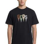 חולצה GCDS ג’י סי די אס שחורה גברים טי שירט גזרה נינוחה רקמה פרוותית לוגו חצי מבריק
