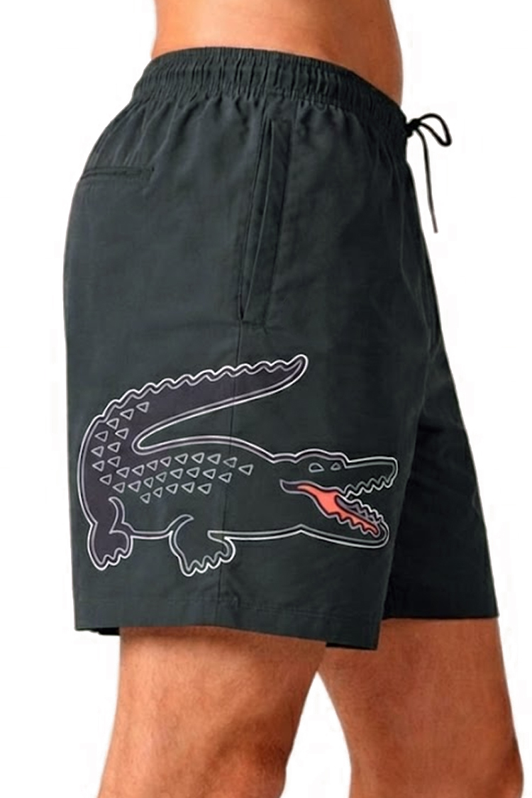 מכנס בגד ים לקוסט LACOSTE אפור גברים maillot de bain תנין הדפס פאץ ייבוש מהיר כיסים
