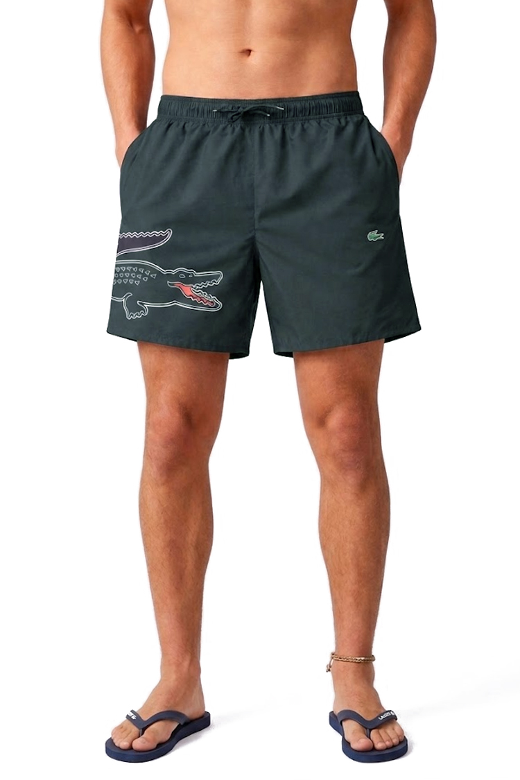 מכנס בגד ים לקוסט LACOSTE אפור גברים maillot de bain תנין הדפס פאץ ייבוש מהיר כיסים