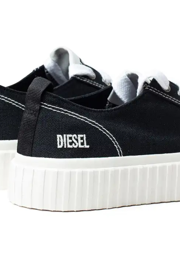 נעלי דיזל DIESEL שחור לבן גברים סניקרס בד קנבס נמוכות תפרי קונטרסט דגם S-Poly Low