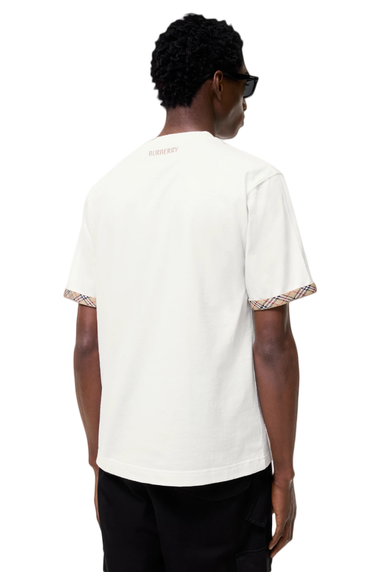 טי שירט ברברי BURBERRY לבן כותנה גזרה נינוחה דגם Check trim רקמת לוגו משובץ בשרוולים