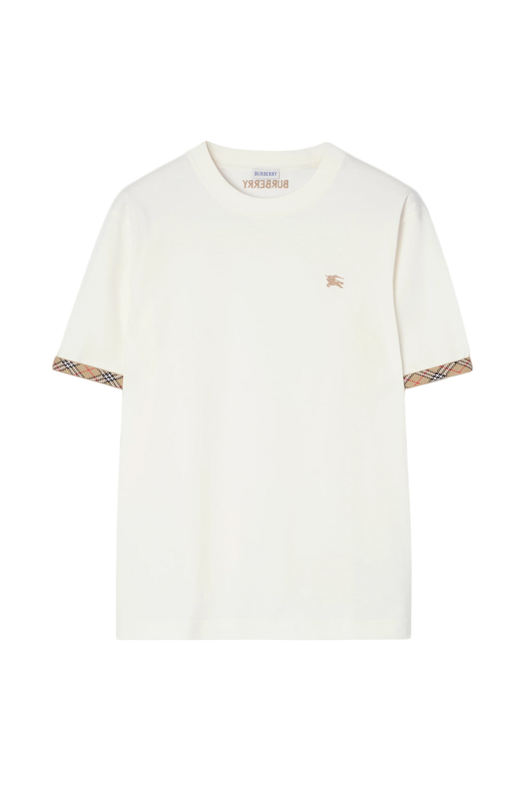 טי שירט ברברי BURBERRY לבן כותנה גזרה נינוחה דגם Check trim רקמת לוגו משובץ בשרוולים