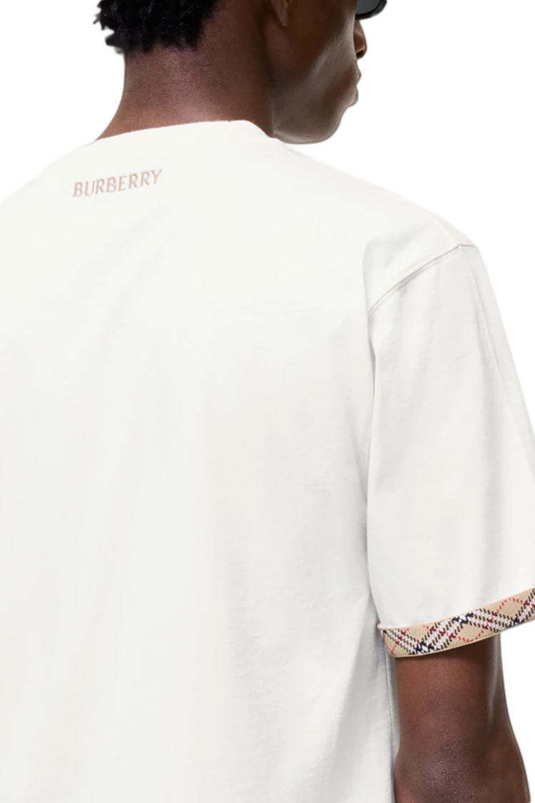 טי שירט ברברי BURBERRY לבן כותנה גזרה נינוחה דגם Check trim רקמת לוגו משובץ בשרוולים
