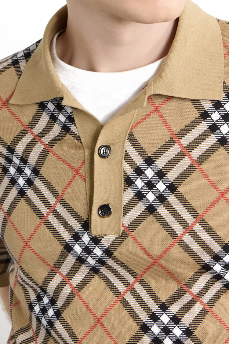 חולצת פולו ברברי BURBERRY בז' משובצת כותנה סריג דגם Check cotton blend גזרה קלאסית