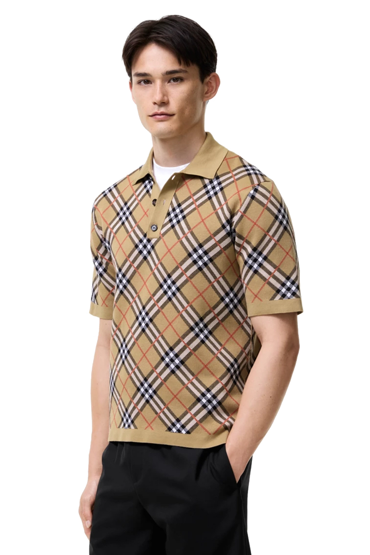 חולצת פולו ברברי BURBERRY בז' משובצת כותנה סריג דגם Check cotton blend גזרה קלאסית