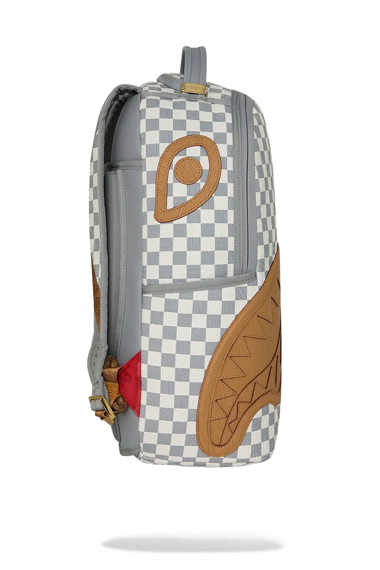 תיק גב ספרייגראונד SPRAYGROUND גברים נשים אפור לבן פוליויניל משובץ תבליט כריש דגם Embossed cream check תא למחשב