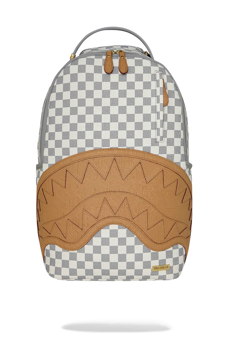 תיק גב ספרייגראונד SPRAYGROUND גברים נשים אפור לבן פוליויניל משובץ תבליט כריש דגם Embossed cream check תא למחשב