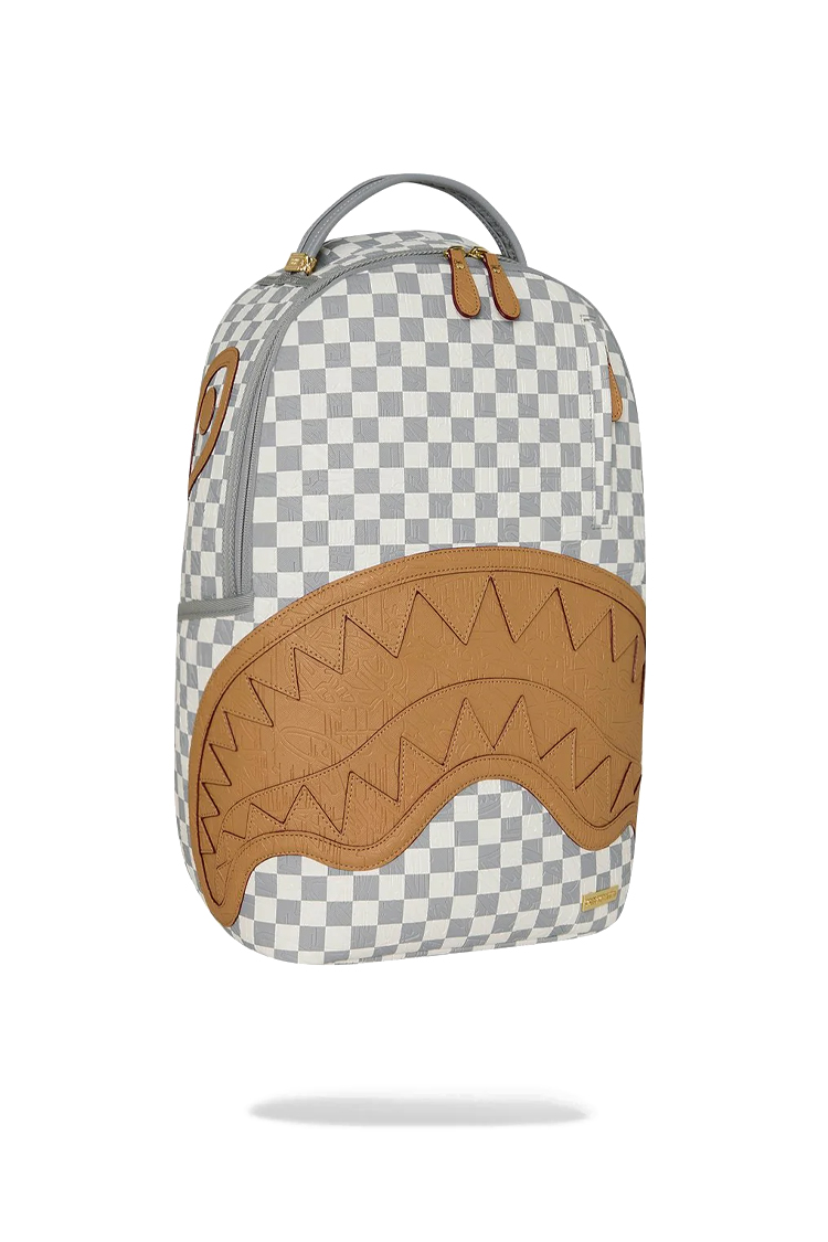 תיק גב ספרייגראונד SPRAYGROUND גברים נשים אפור לבן פוליויניל משובץ תבליט כריש דגם Embossed cream check תא למחשב