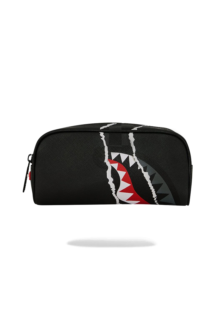 קלמר ספרייגראונד SPRAYGROUND שחור פוליויניל דמוי עור קרעים כריש דגם Center rip revealing check רוכסן
