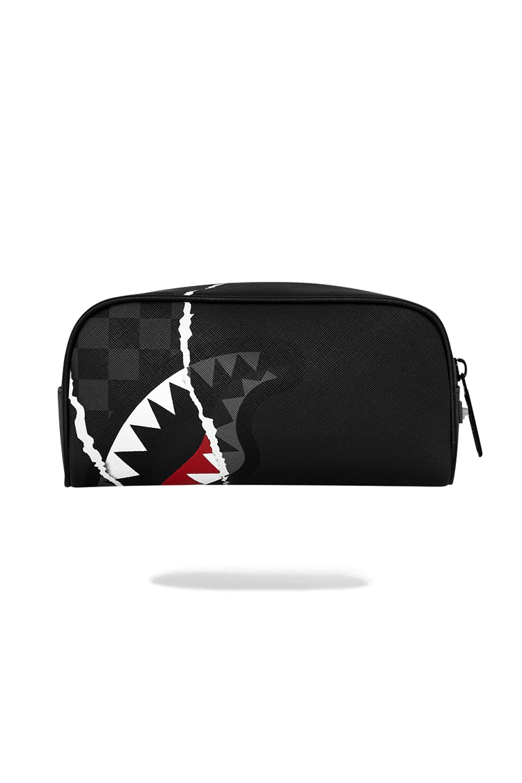 קלמר ספרייגראונד SPRAYGROUND שחור פוליויניל דמוי עור קרעים כריש דגם Center rip revealing check רוכסן