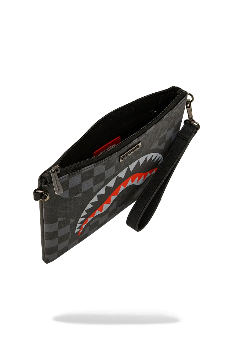 תיק קלאץ ספרייגראונד SPRAYGROUND שחור אפור פוליויניל דמוי עור רצועה מתכווננת כריש דגם 4am red shark