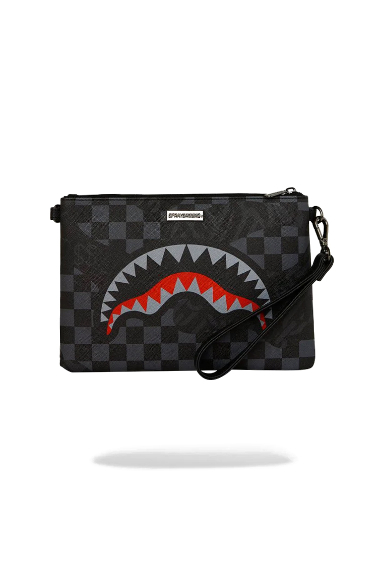 תיק קלאץ ספרייגראונד SPRAYGROUND שחור אפור פוליויניל דמוי עור רצועה מתכווננת כריש דגם 4am red shark