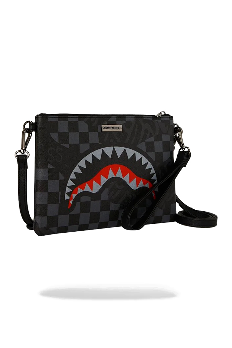 תיק קלאץ ספרייגראונד SPRAYGROUND שחור אפור פוליויניל דמוי עור רצועה מתכווננת כריש דגם 4am red shark