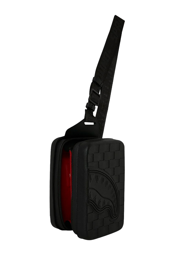תיק סלינג ספרייגראונד SPRAYGROUND שחור פוליויניל מעטפת קשיחה תבליט כריש דגם Raised check hard shell רצועה מתכווננת