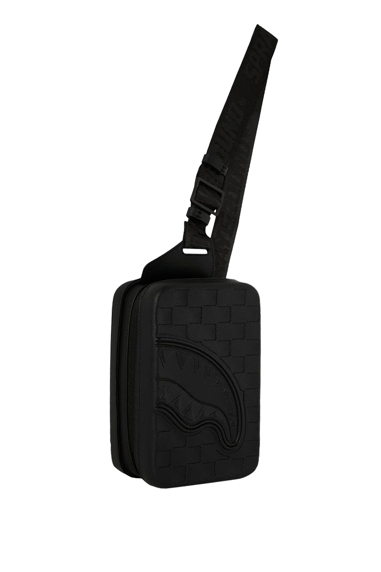 תיק סלינג ספרייגראונד SPRAYGROUND שחור פוליויניל מעטפת קשיחה תבליט כריש דגם Raised check hard shell רצועה מתכווננת