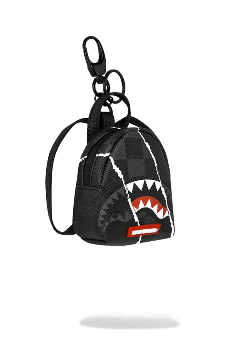 מחזיק מפתחות ספרייגראונד SPRAYGROUND שחור תיק גב מיני קרעים כריש דגם Center rip revealing check אבזם מטאלי