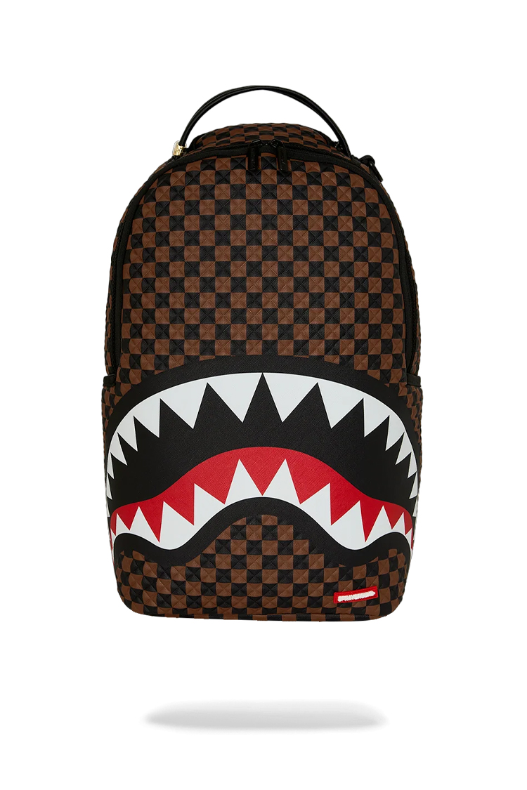 תיק גב ספרייגראונד SPRAYGROUND שחור חום פוליויניל דמוי עור מחשב נייד כריש דגם Sharks in paris pyramid משבצות