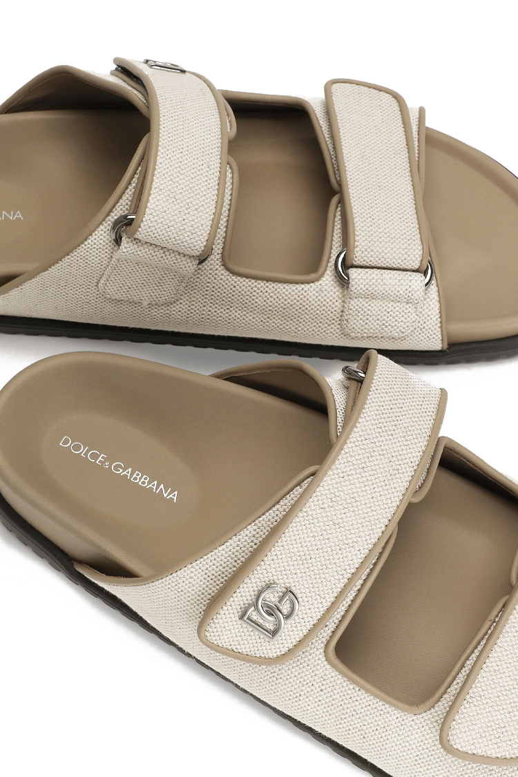סנדלים דולצ'ה וגבאנה DOLCE&GABBANA יוקרתיות קרם טקסטיל עור סוליית EVA דגם Ciabatta רצועות מתכווננות