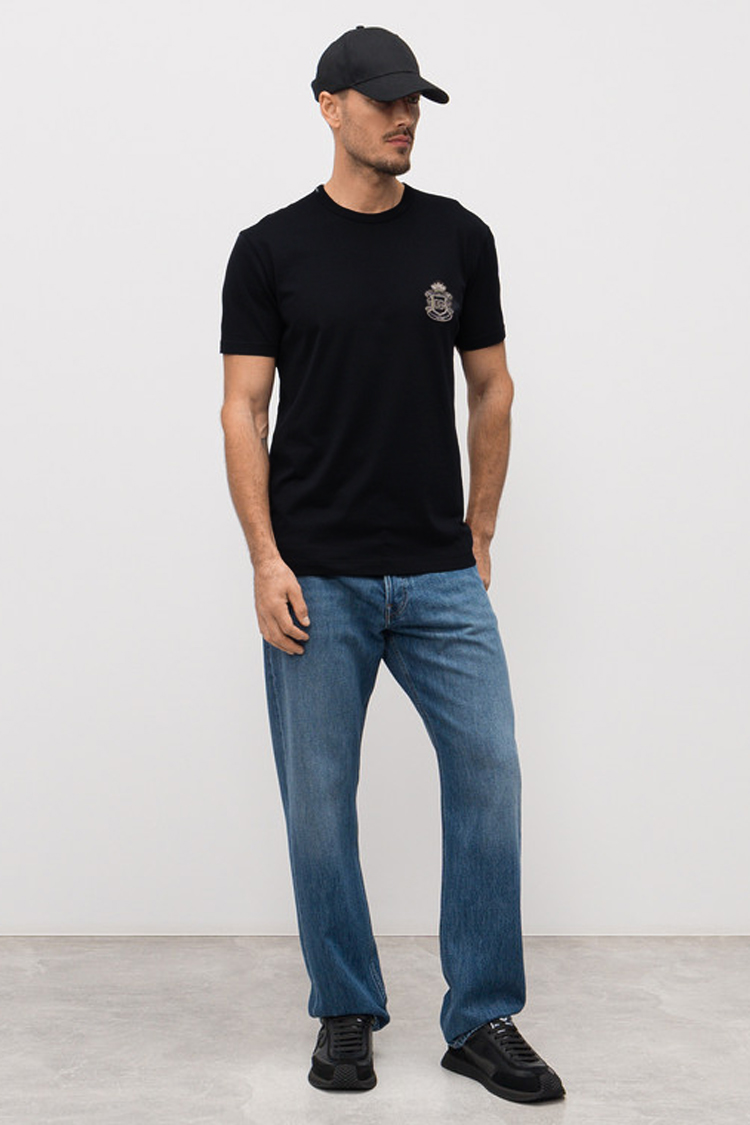 חולצת טי שירט דולצ’ה וגבאנה DOLCE GABBANA גברים שחורה גזרה קלאסית כותנה רקמת כתר לוגו חזה