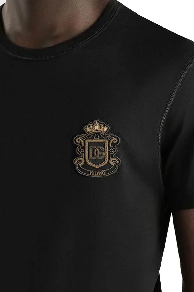 חולצת טי שירט דולצ'ה וגבאנה DOLCE GABBANA גברים שחורה גזרה קלאסית כותנה רקמת כתר לוגו חזה