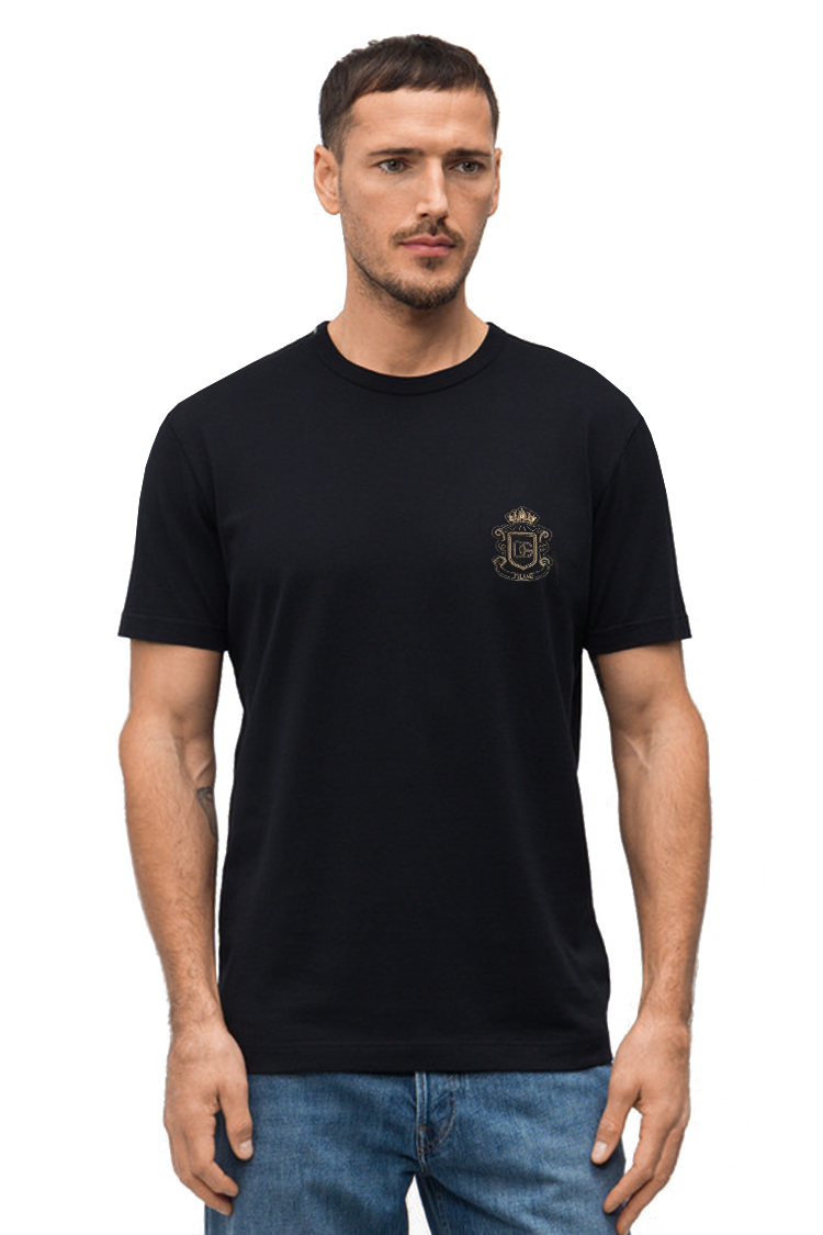 חולצת טי שירט דולצ'ה וגבאנה DOLCE GABBANA גברים שחורה גזרה קלאסית כותנה רקמת כתר לוגו חזה