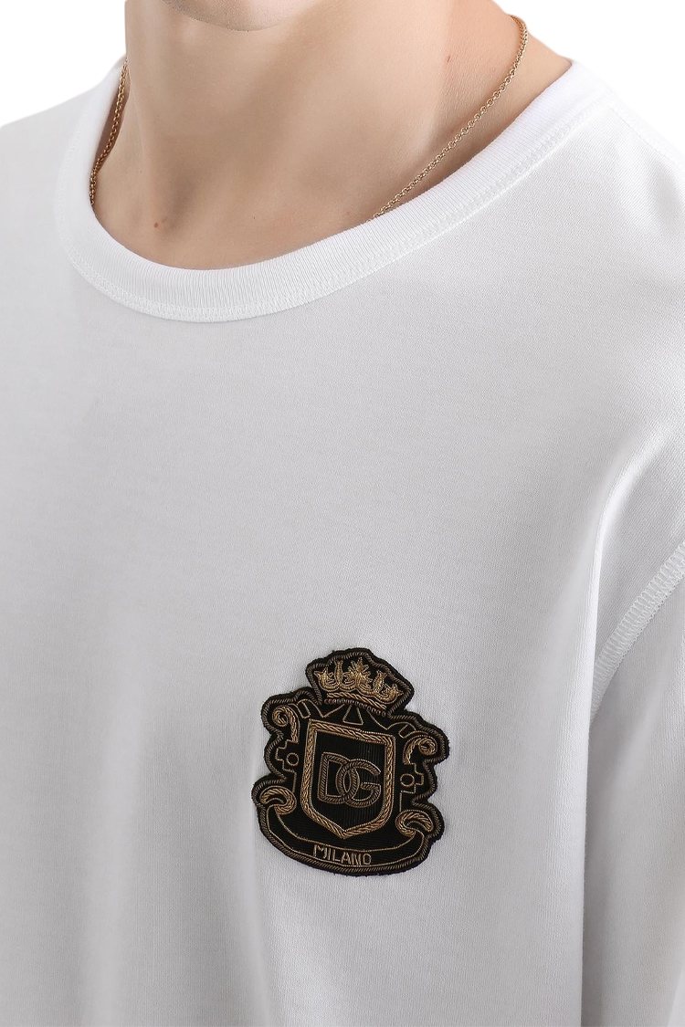 חולצת טי שירט דולצ'ה וגבאנה DOLCE GABBANA גברים לבן גזרה קלאסית כותנה רקמת כתר לוגו חזה