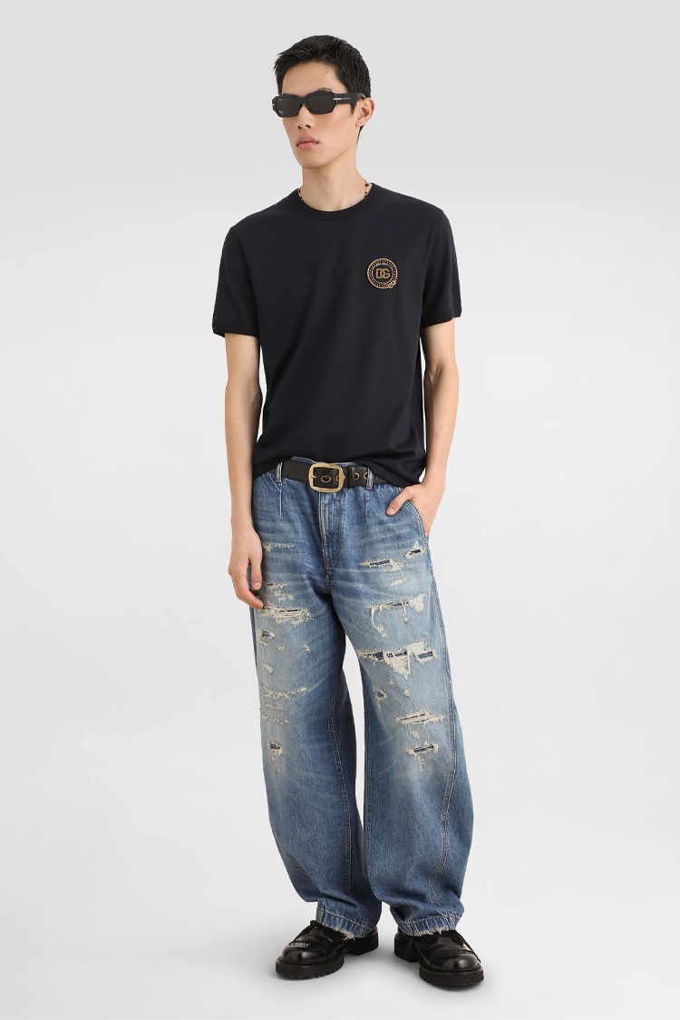 טי שירט דולצ’ה וגבאנה DOLCE&GABBANA שחור כותנה קלאסי דגם patch רקמת כתר חזה