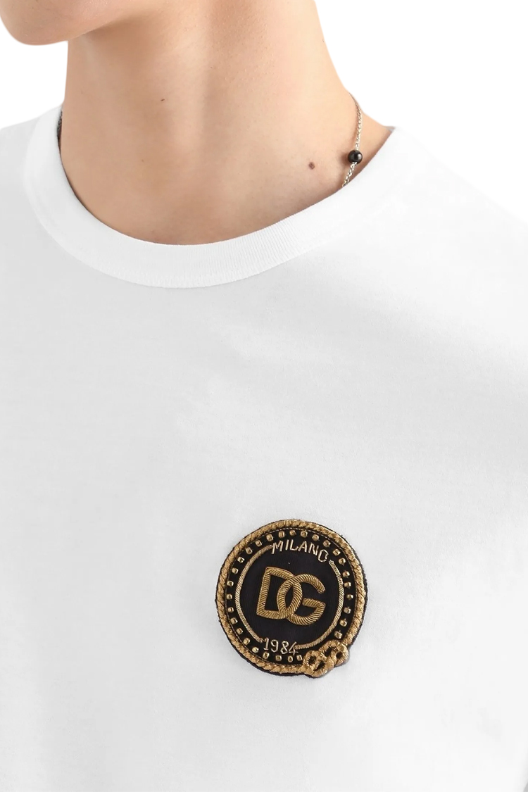 טי שירט דולצ'ה וגבאנה DOLCE&GABBANA לבן כותנה קלאסי דגם patch רקמת כתר חזה