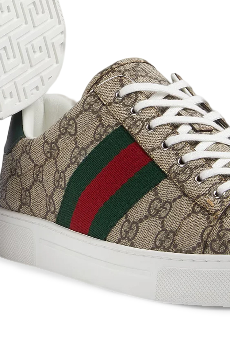 נעלי סניקרס גוצ'י GUCCI גברים נשים בז' עור בד ארוג GG פסי גוצ'י דגם Ace sneaker with Web סוליית גומי