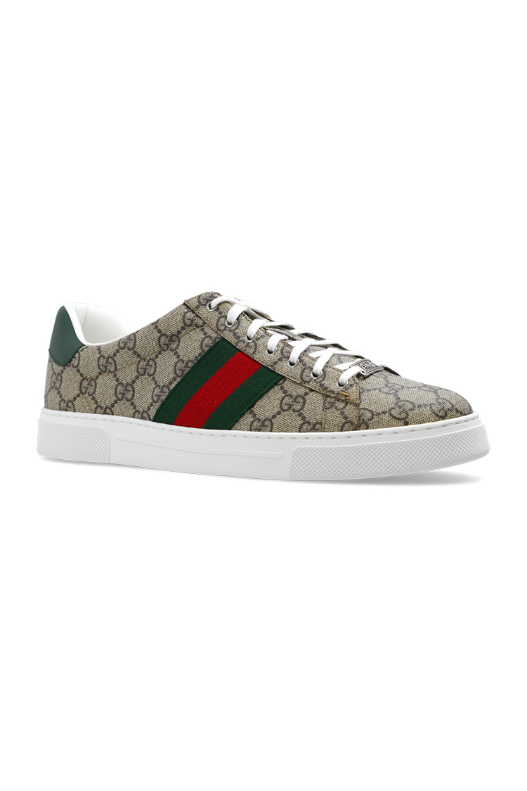 נעלי סניקרס גוצ'י GUCCI גברים נשים בז' עור בד ארוג GG פסי גוצ'י דגם Ace sneaker with Web סוליית גומי