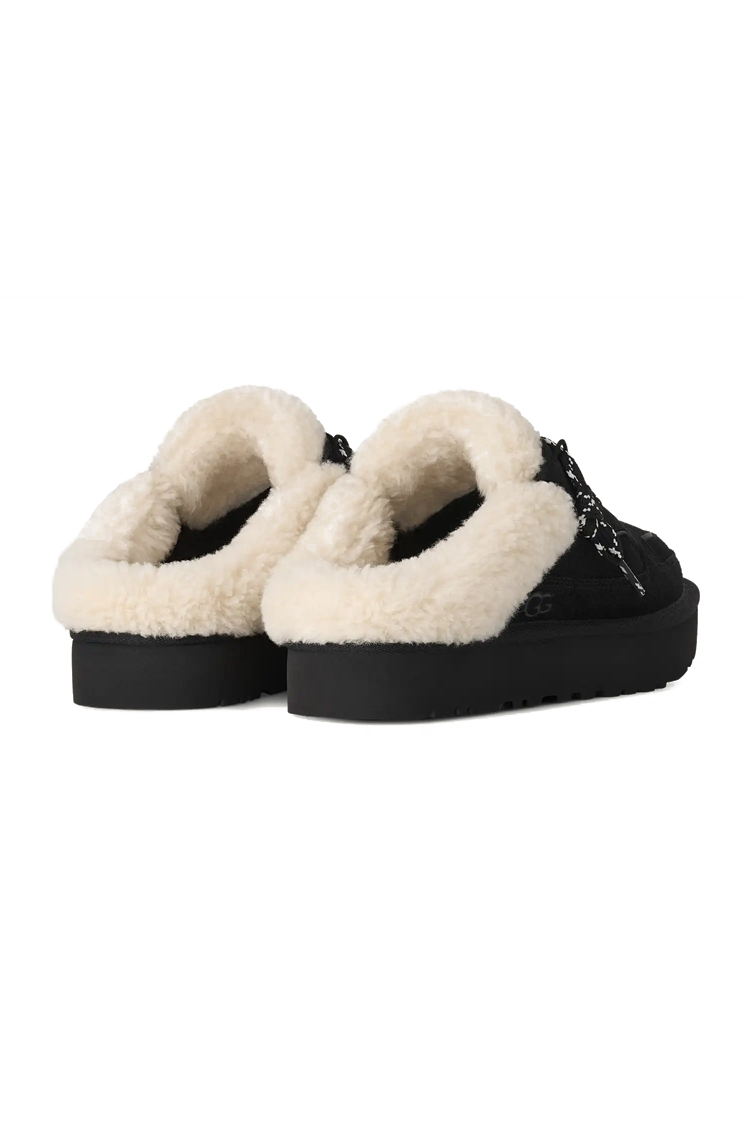 פכפי מיולז זמש UGG נשים שחור דגם Lowmel Mule בטנת צמר שרוכים קונטרסט