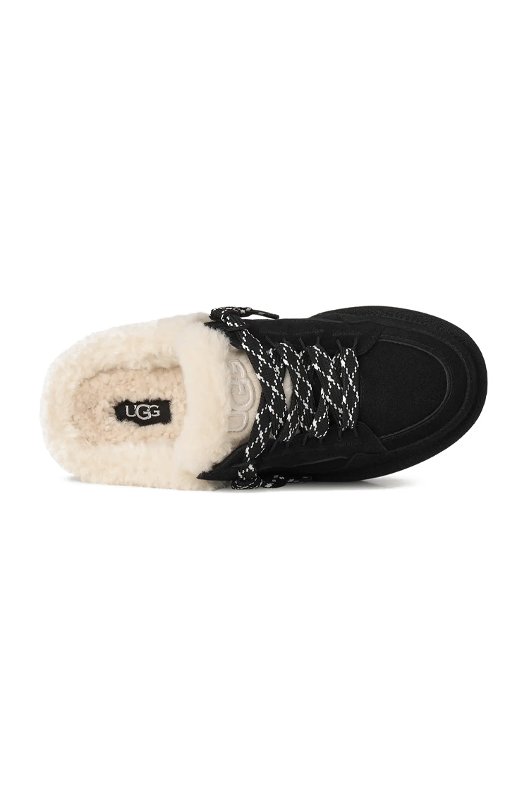 פכפי מיולז זמש UGG נשים שחור דגם Lowmel Mule בטנת צמר שרוכים קונטרסט