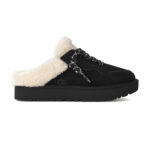 פכפי מיולז זמש UGG נשים שחור דגם Lowmel Mule בטנת צמר שרוכים קונטרסט